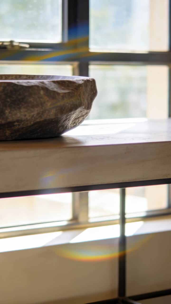Primo piano di ciotola decorativa vicino a una finestra con luce solare e flare dell'obiettivo