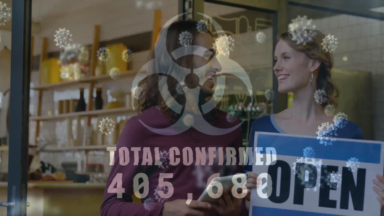 animación de células macro covid-19 flotando sobre cocineros y cocineras caucásicos felices