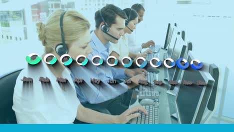 animación de la red de conexiones con iconos sobre personas de negocios que usan auriculares telefónicos