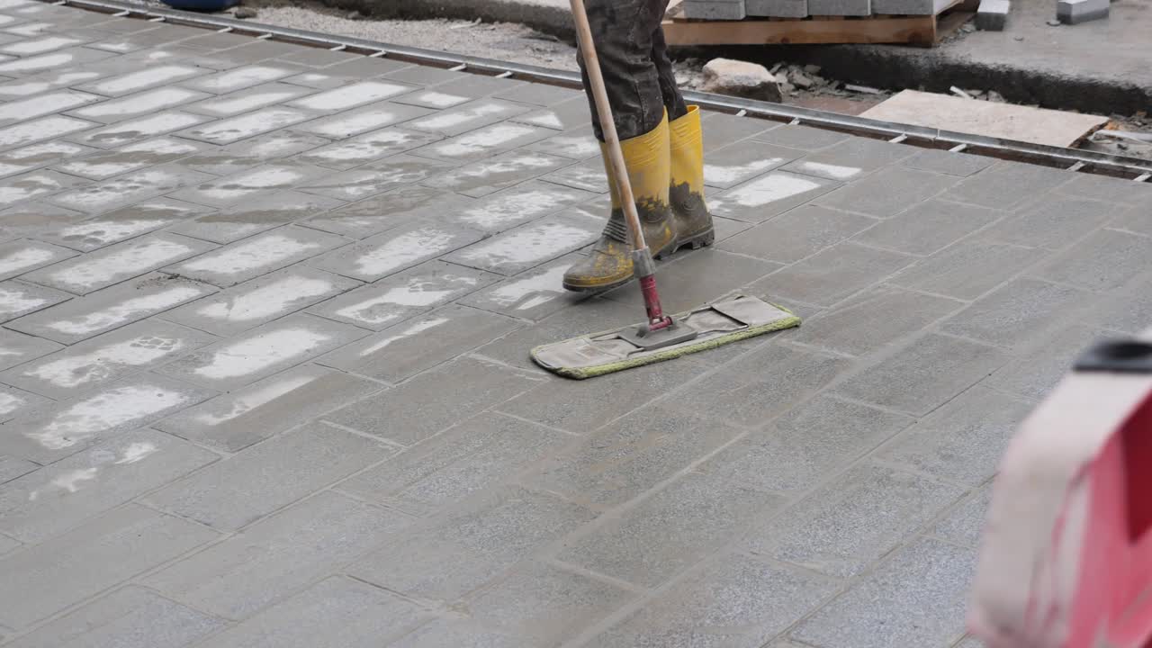 trabajador limpiando el pavimento recién colocado