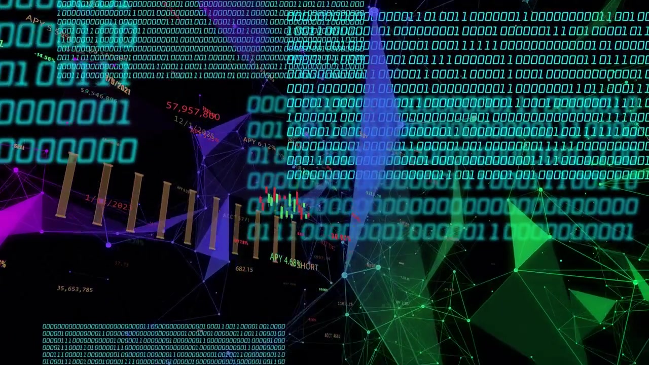 On start purple mesh appearing, cyan binary blocks sliding and layering, visualizing live analytics