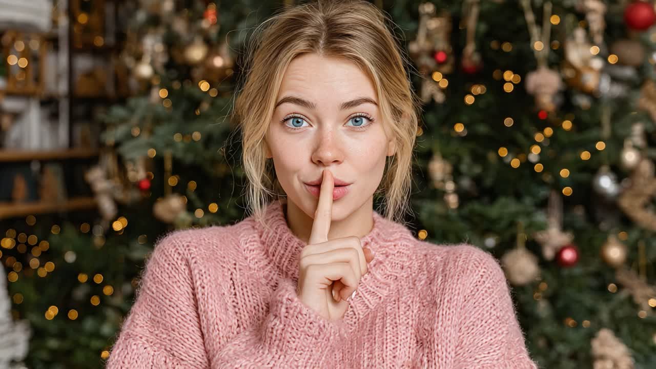 A Young Woman in a Cozy Sweater Signals for Silence Against a Blurry Background of a Decorated Christmas Tree Filled with Ornaments and Twinkling Lights