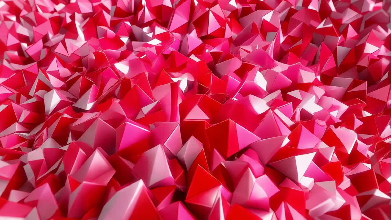 Moving camera revealing red-pink pyramids folding into low carpet on base with glossy highlights