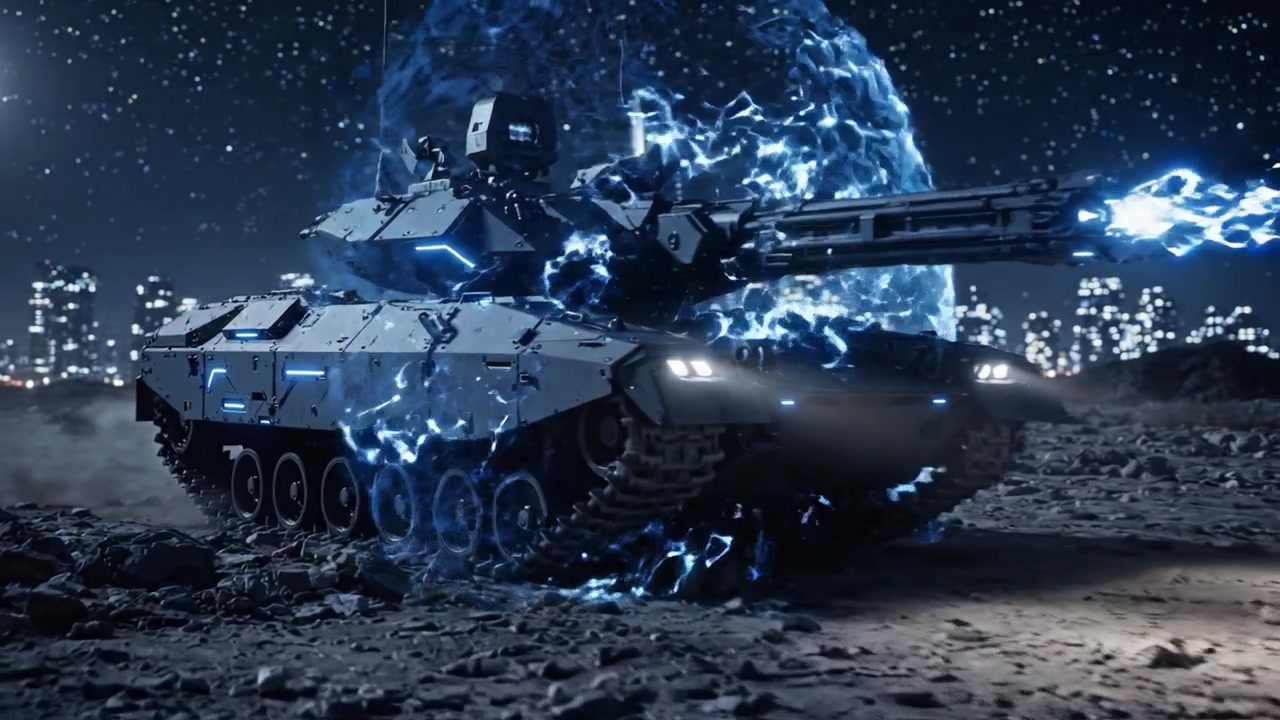 Futuristic Battle Tank Navigating Rocky Terrain Under a Starry Sky with a Large Moon and Distant City Lights Illuminating the Night Landscape