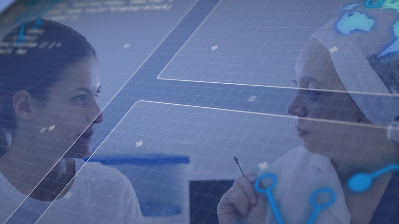 In laboratory, scientists discussing research with digital animation overlay on data