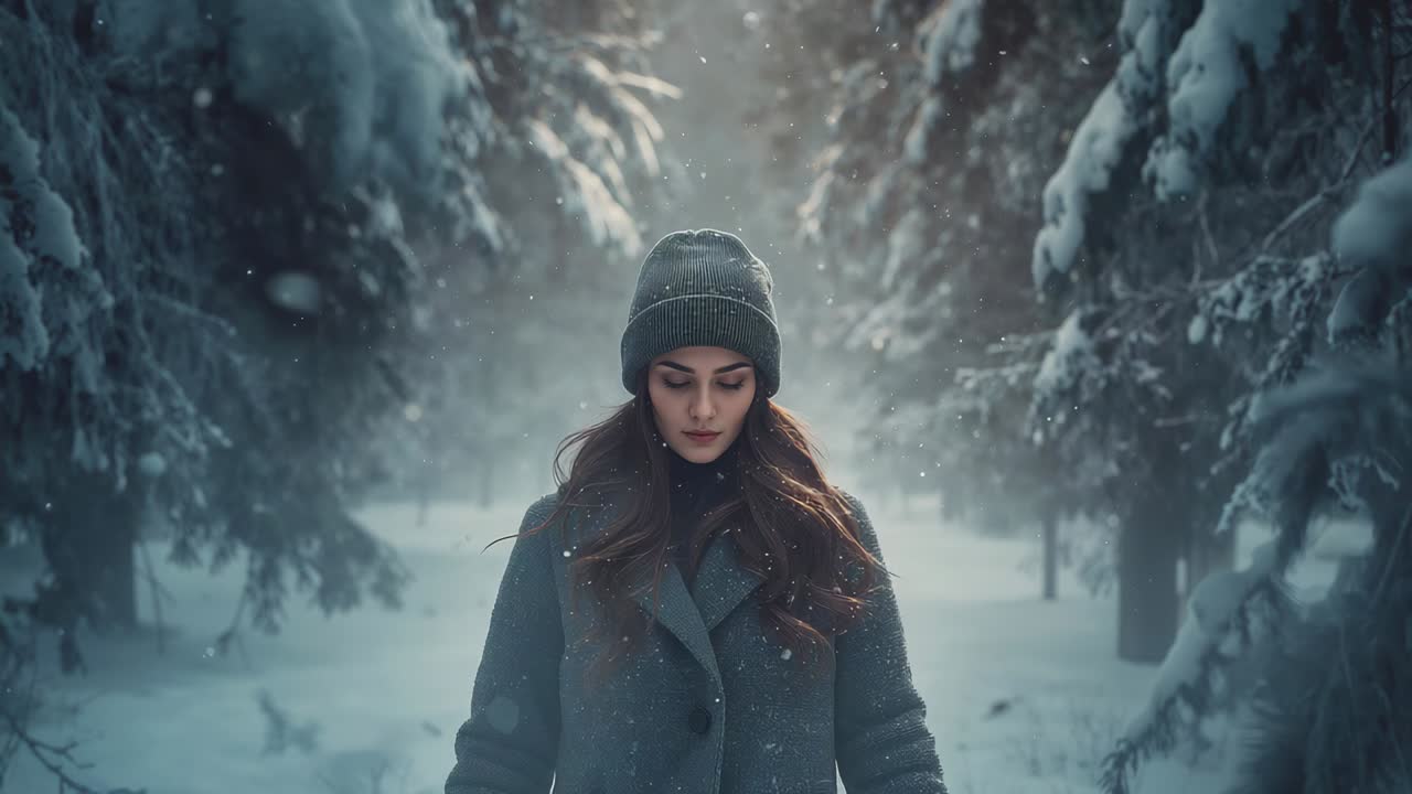Soft flakes falling, walking woman lifting head on path in pine forest, with beanie coat scarf