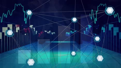 animation of financial data processing with icons on black background