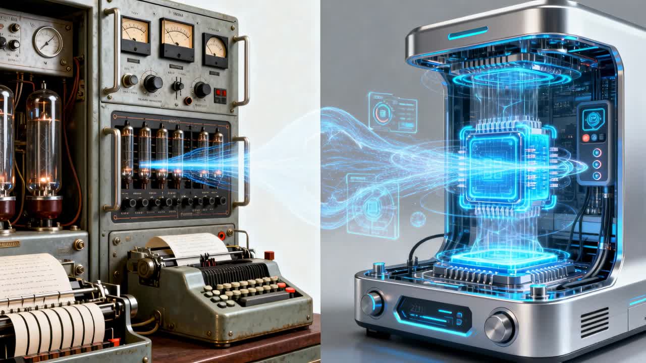 Blue holographic data stream appearing, modern unit sending data to vacuum-tube rack at lab bench
