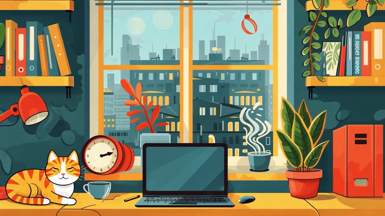 Home Office with Cat and City View