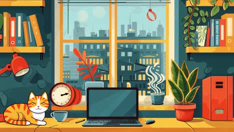 home office with cat and city view