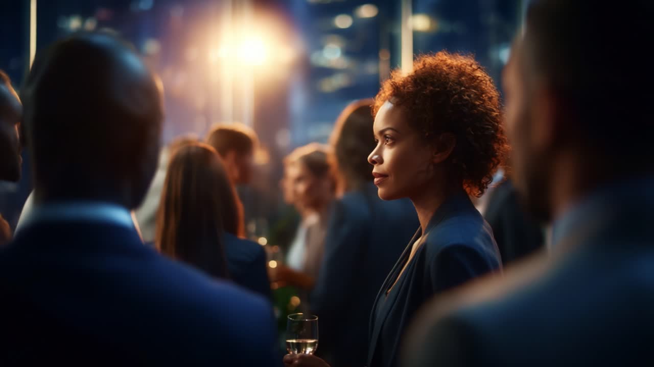 Elegant Networking Event with a Focus on a Pensive Woman in a Crowd, Bathed in Soft Lights, Revealing the Connection Between People and Emotion