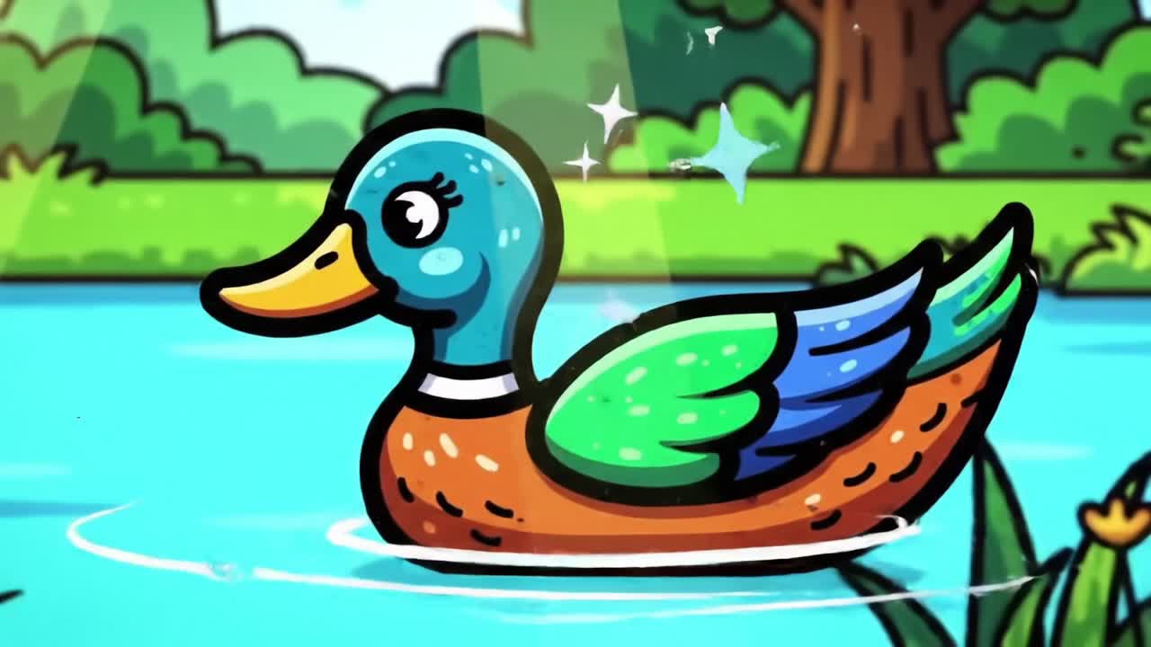 A Vibrant Cartoon Duck Swimming Gracefully in a Sunlit Pond Surrounded by Lush Greenery and Colorful Flowers, Creating a Cheerful and Serene Scene
