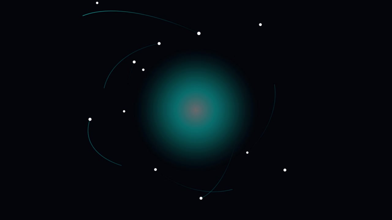 Abstract Motion Graphic of Glowing Teal Core with Orbiting Particles