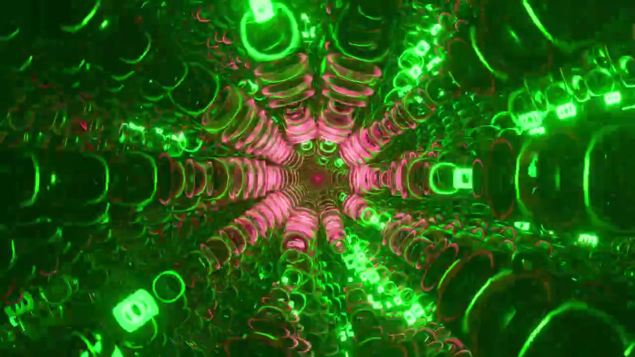 Animazione astratta in loop che si muove attraverso un tunnel metallico verde scuro illuminato da luci viola luminescenti. Rendering 3D