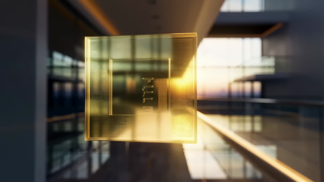 Abstract Golden AI Chip Floating in a Modern Architectural Space