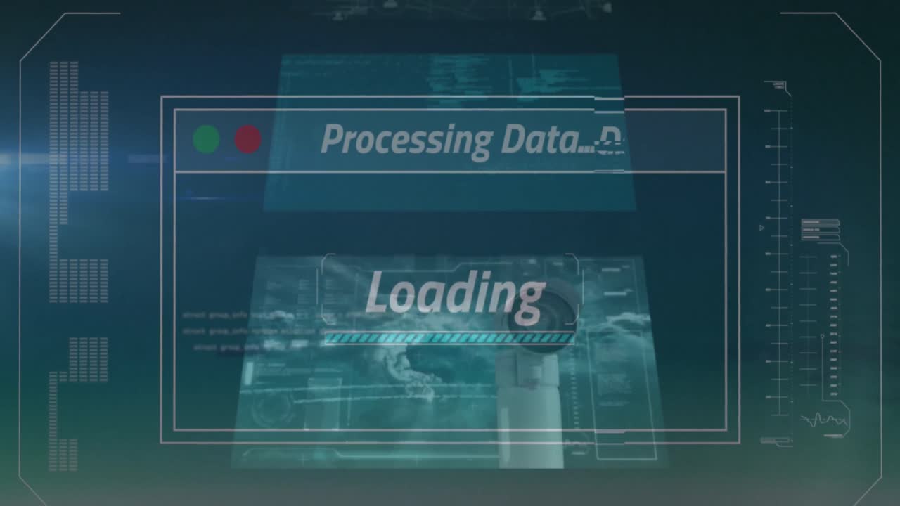 Animation of screens with data processing against green gradient background