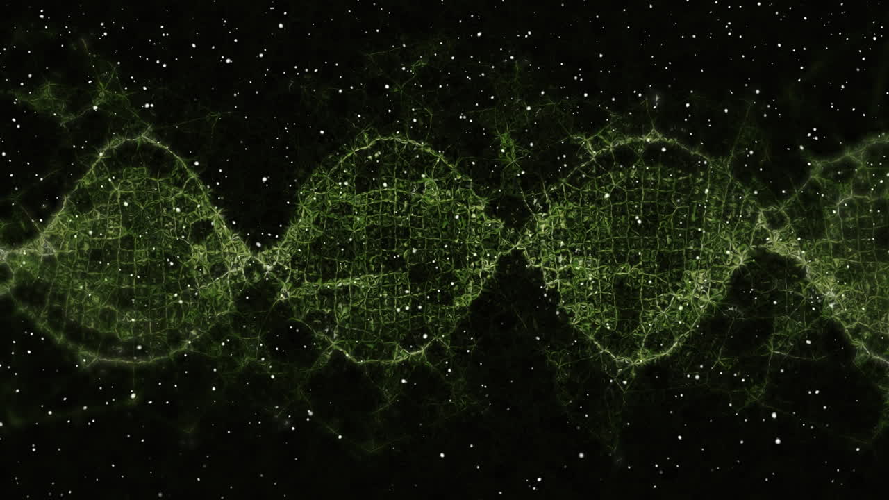 animación digital de partículas blancas que caen sobre ondas digitales verdes contra un fondo negro