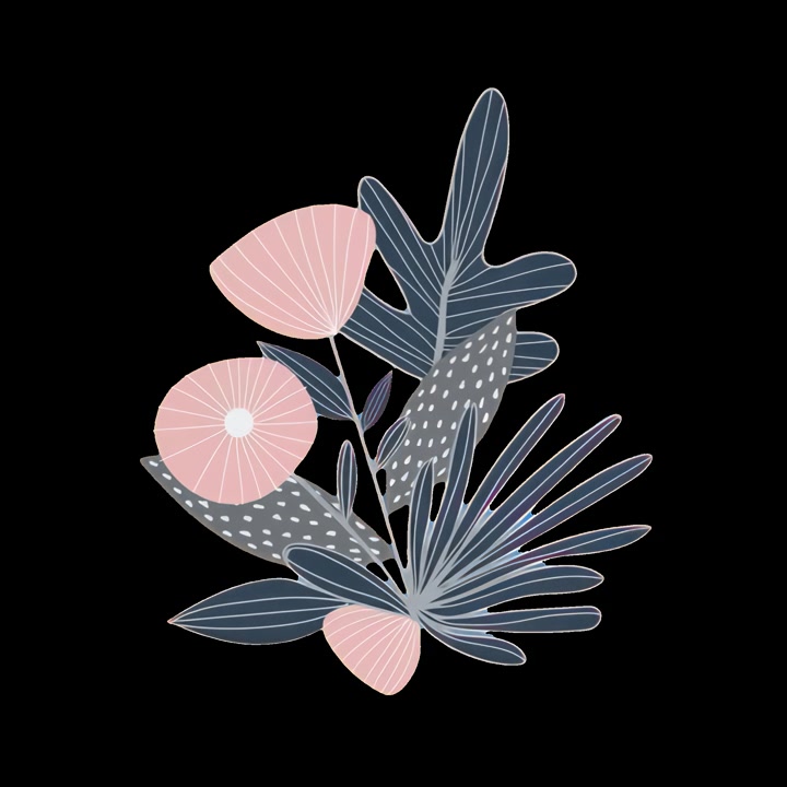 Animated Floral Illustration with Soft Pink and Dark Blue Tones