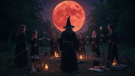 A Mysterious Gathering: Enigmatic Figures Enchanted by a Blood Moon in the Forest at Dusk, Engaging in an Arcane Ritual Surrounded by Flickering Candles and Mystical Energy