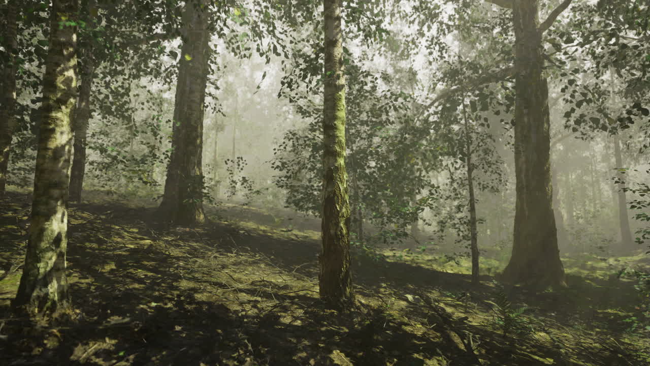 Paisaje de bosque neblinoso con imponentes árboles y luz solar suave filtrándose a través de ellos