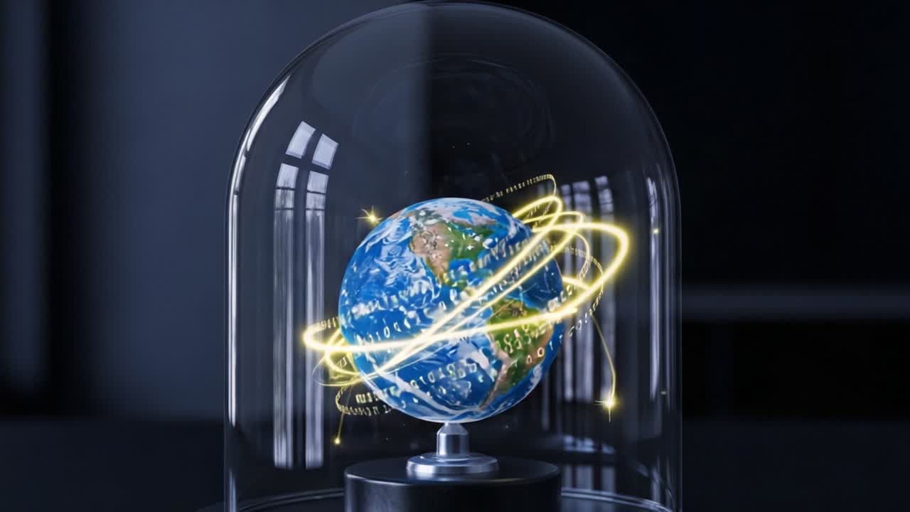 A Captivating Vision of the Earth Enclosed in Glass, Surrounded by Glowing Energy and Streams of Data, Illustrating the Fusion of Nature and Technology