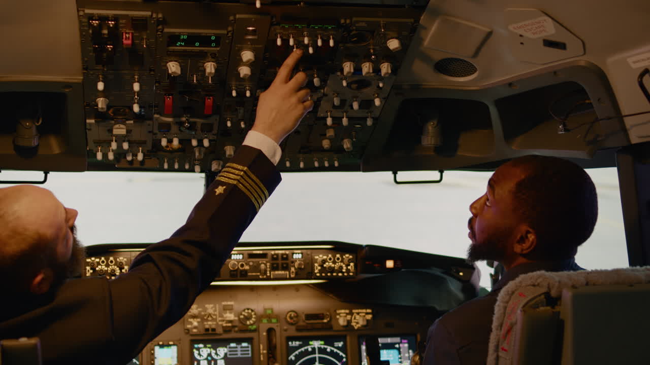 Team of diverse captain and copilot preparing to takeoff