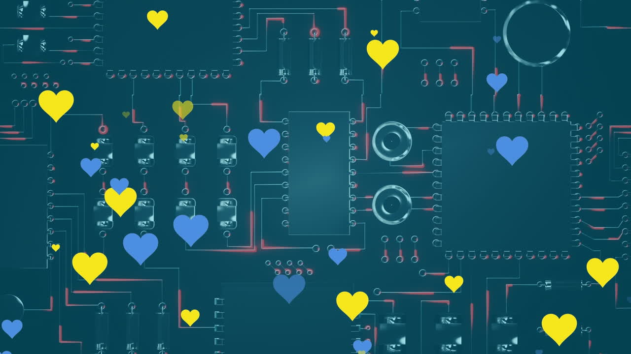 컴퓨터 회로판 위에 파란색과 노란색의 심장의 애니메이션