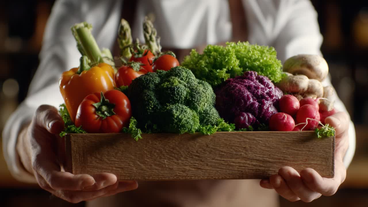Vibrant Array of Fresh Vegetables Showcased in a Wooden Tray, Perfectly Captured in a Culinary Setting, Celebrating Healthy Eating and Organic Produce