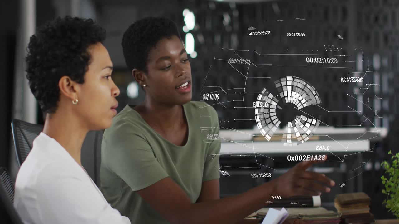 Animation of data processing and globe over diverse business people talking in office