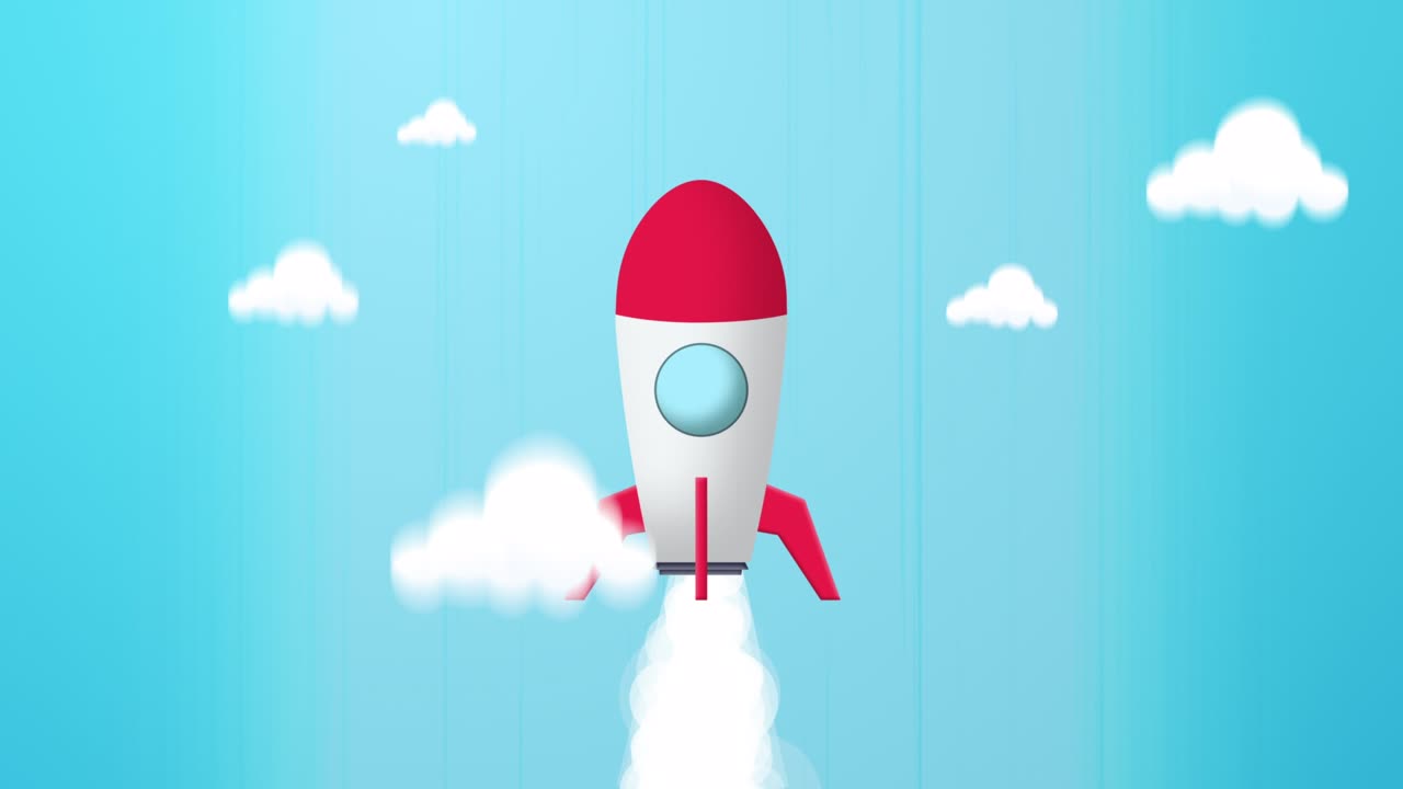 беспрепятственный цикл мультфильма стартовый ракетный реактивный быстрый скоростной линии летают в голубой фон неба. сделать планы и направиться к финишу.