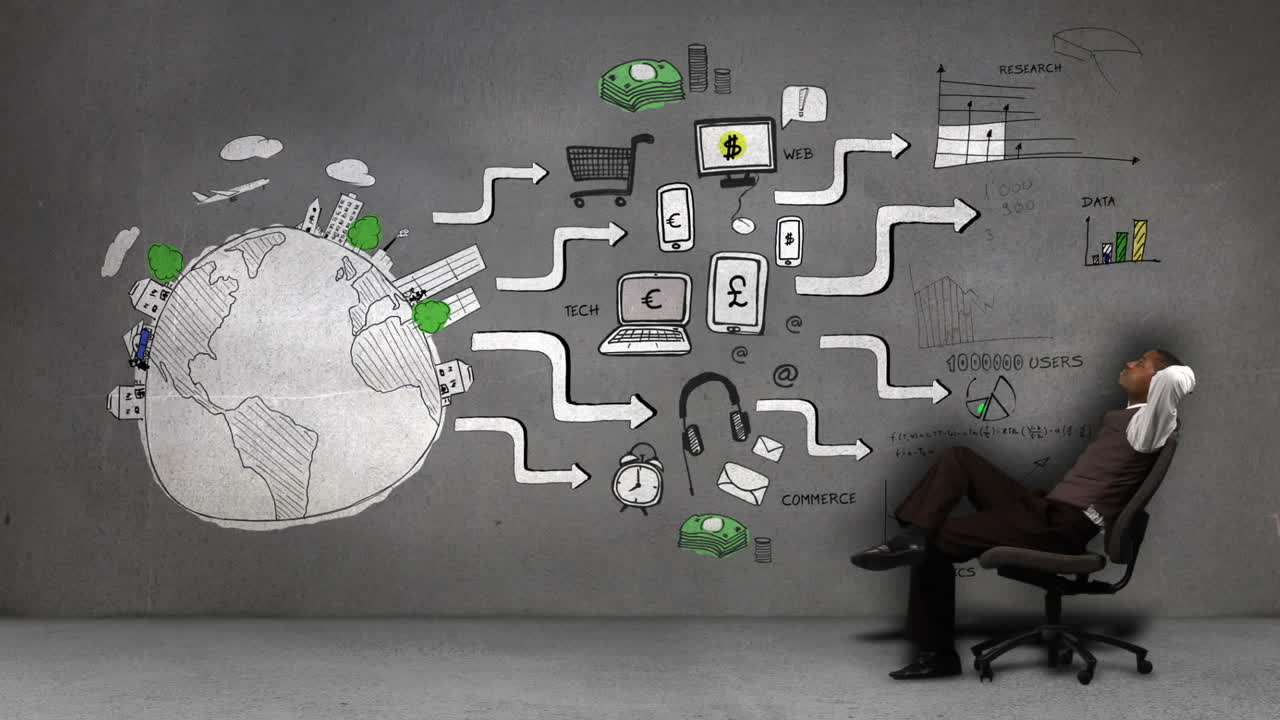 hombre de negocios sentado frente al comportamiento del consumidor global animado