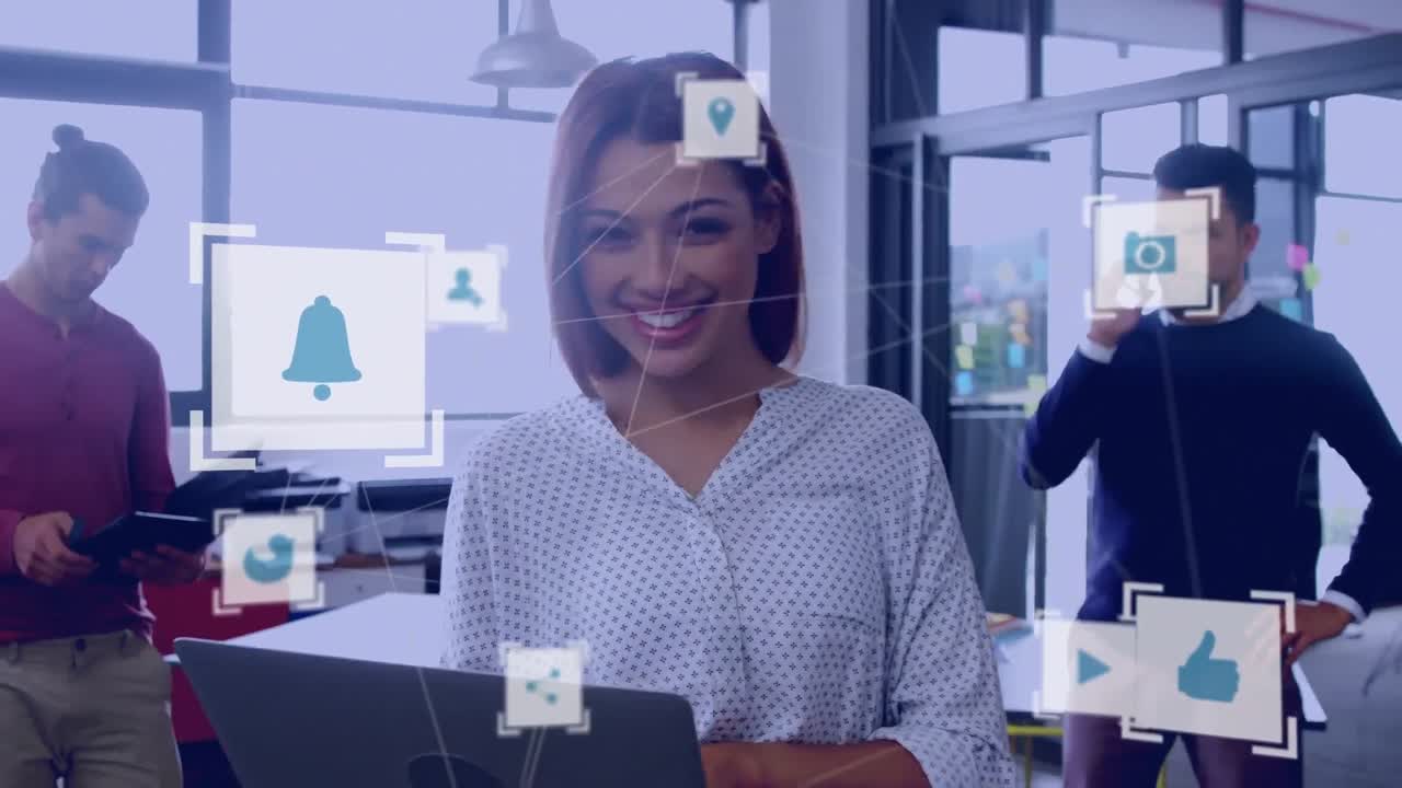 Network of connection icons against woman using laptop at office