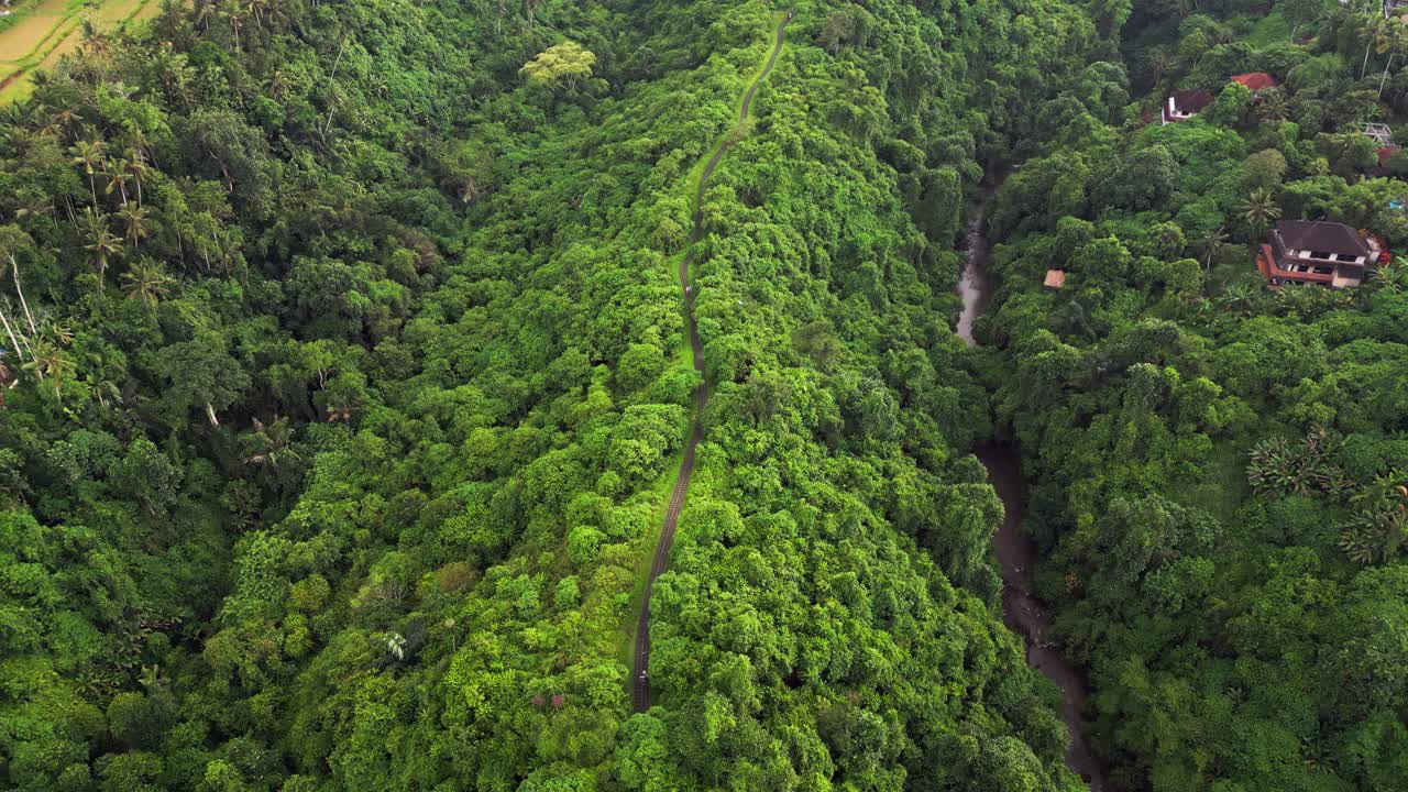 Aerial drone view over tropical Bali showing dense green forest a river flowing through the valley and the Campuhan Ridge Walk visible on a rainy gloomy day with a calm peaceful atmosphere