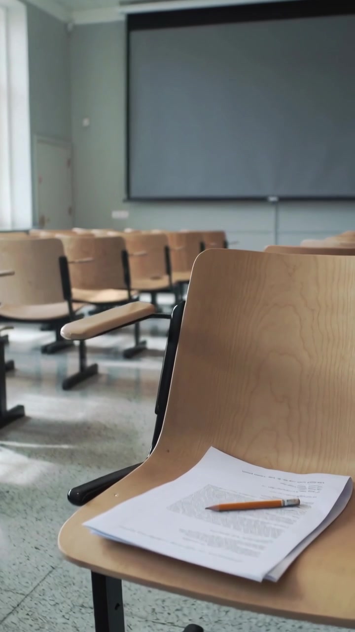 Video verticale: Telecamera che panoramica rivelando sedie di legno e uno schermo in un'aula, inquadrando dispense.