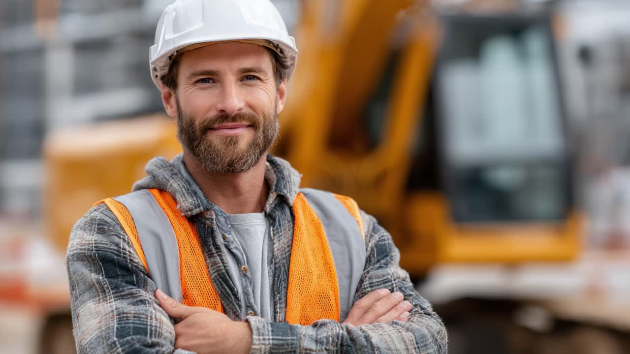 Confident Construction Worker Smiling in Front of Heavy Machinery on a Job Site, Showcasing Dedication and Professionalism in the Industry