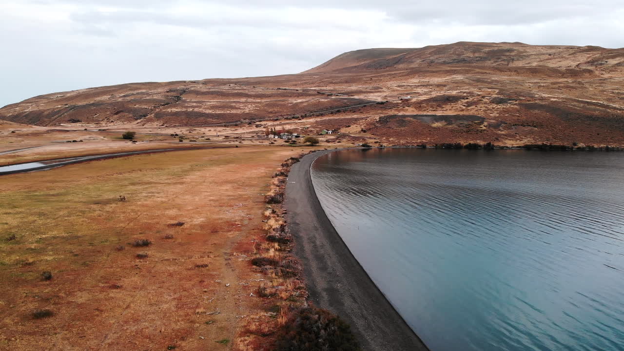 Aerial view of a lake and mountain landscape