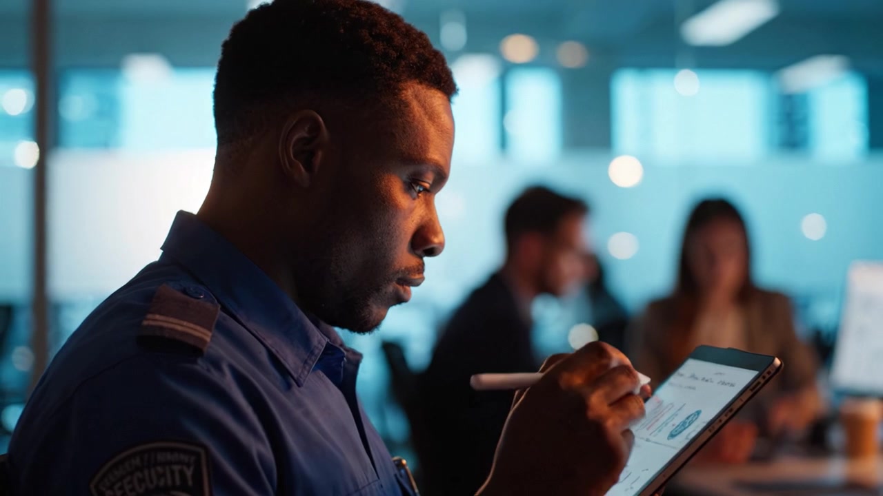 Focused Security Professional Using Digital Tablet to Document Important Information in a Modern Office Environment at Night Efficiently.