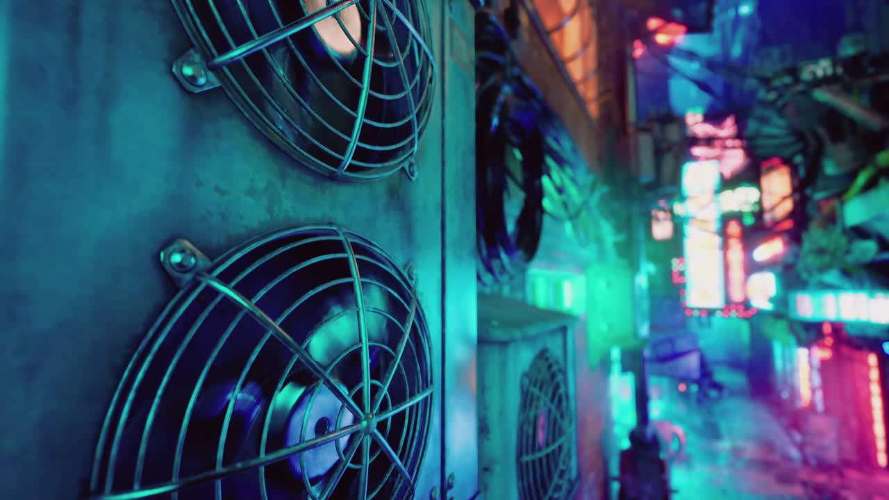 빛나는 네온 불빛으로 빛나는 사이버 크 도시