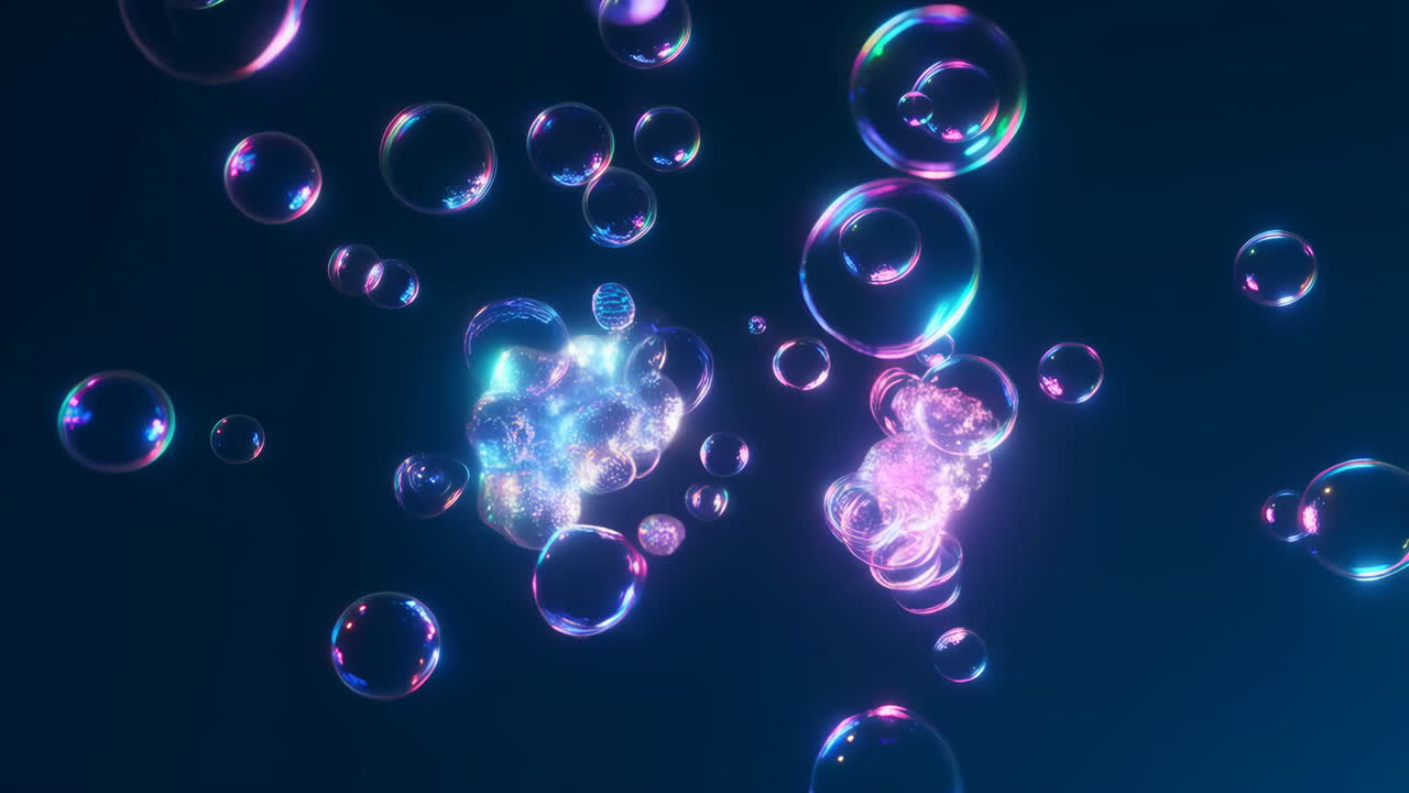 Colorful Iridescent Bubbles on a Dark Blue Background