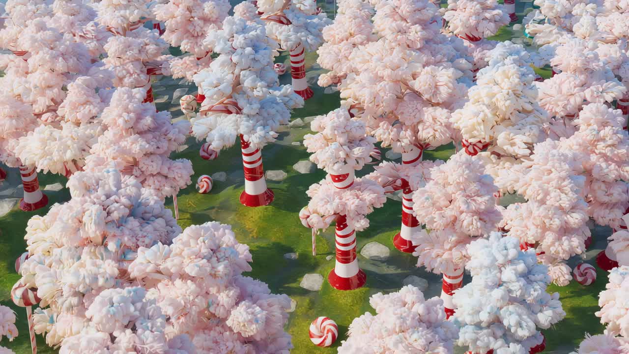 Angolazione della camera con ripresa aerea iniziale che rivela alberi rosa simili a caramelle sopra il frutteto, mostrando lecca-lecca