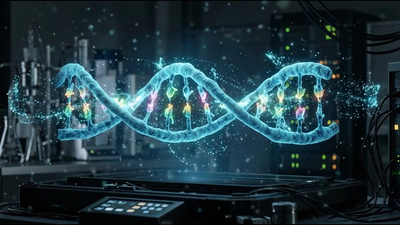 Glowing double helix DNA strand molecular hologram