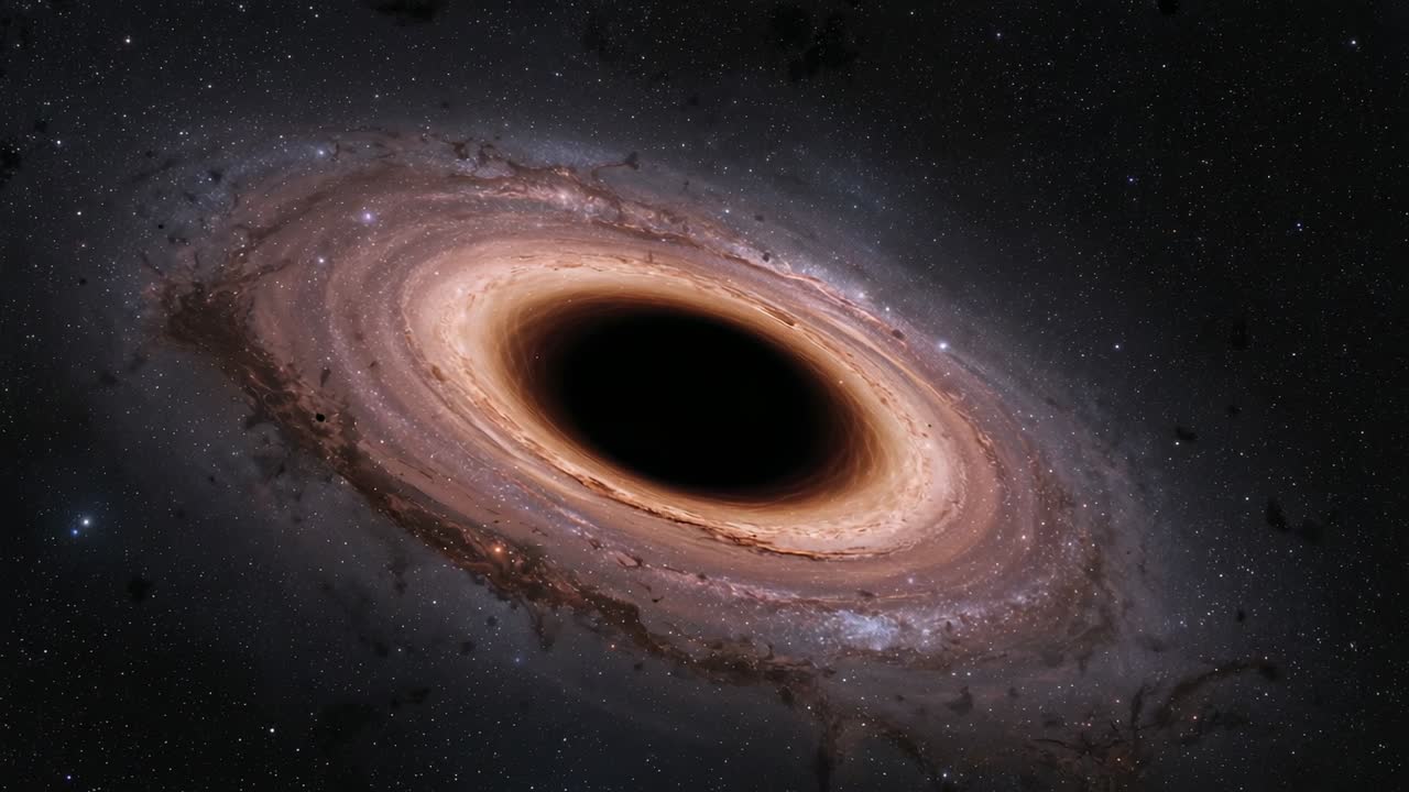 Rotating camera around supermassive black hole in star field, revealing accretion disk and lensing