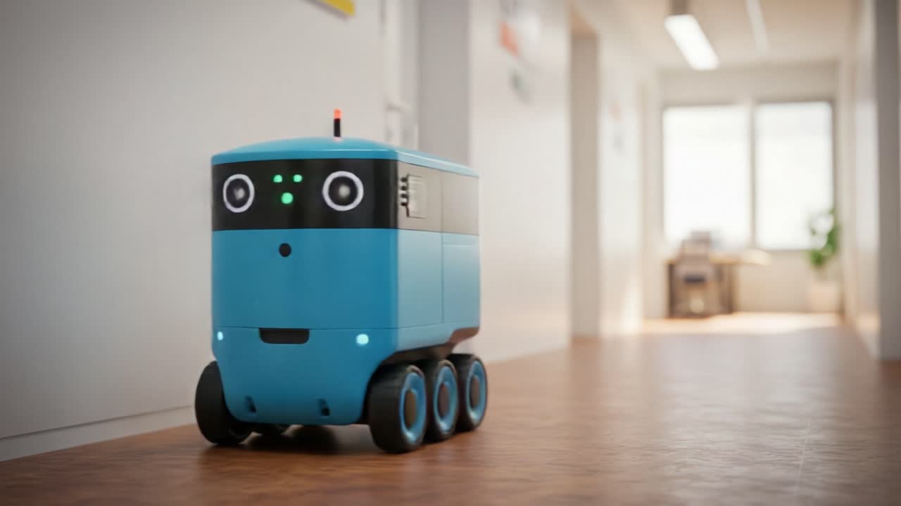 A Friendly Autonomous Robot Navigating a Bright Hallway, Showcasing Advanced Technology and Design in a Modern Indoor Environment