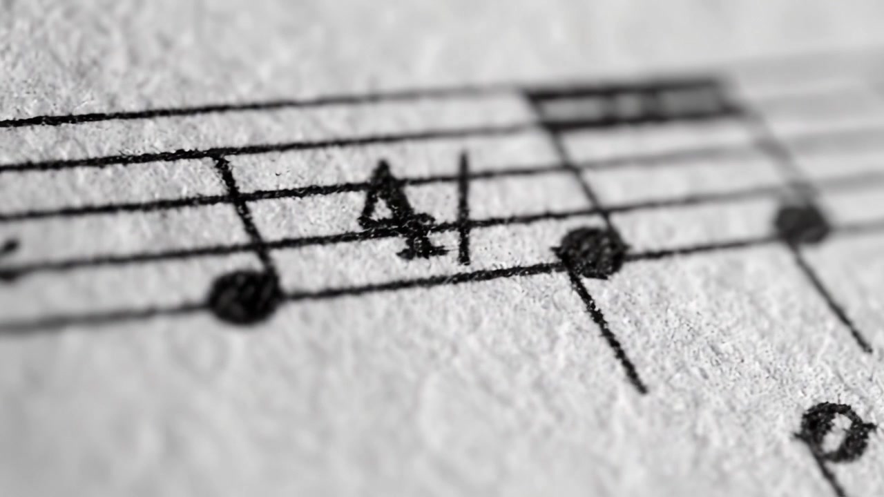 De Kunst van Muzieknotatie Verkennen: Close-up beelden van muziekbladen die noten en symbolen benadrukken met ingewikkelde details en texturen in een tijdloze compositie.
