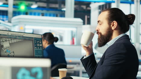 man in photovoltaics factory monitoring system performance on pc screen