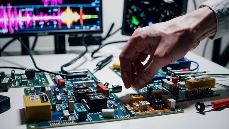 Close-up angle of circuit boards on a desk with monitors displaying data, creating a tech-focused