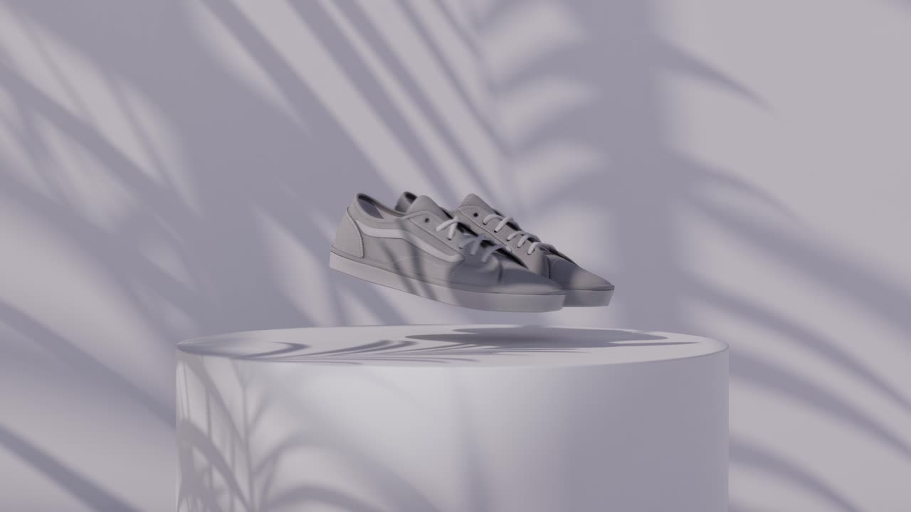 Sneakers Floating On A Minimalist Pedestal With Palm Shadows