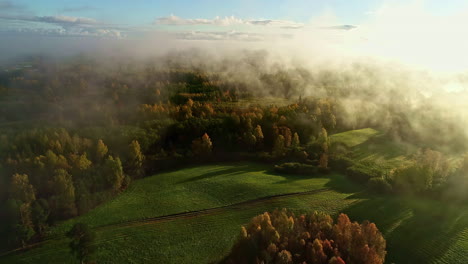 Niebla-De-Valle-Bajo-En-Una-Mañana-Dorada-En-Otoño---Volando-Sobre-Un-Impresionante-Paisaje-De-Colores-Otoñales-De-Bosques-Y-Prados