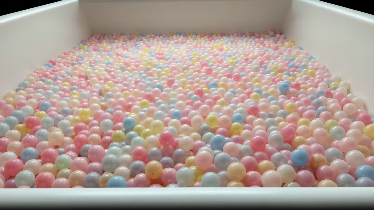Allontanamento della camera con inclinazione verso il basso, rivelando palline color pastello in una buca bianca nella stanza dei giochi che espone il bordo anteriore