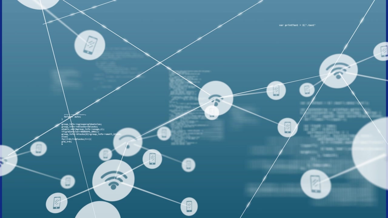 Animation of network of digital icons over data processing against blue background